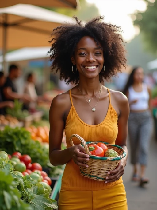 bright-spirited if(gender=m){masculine} if(gender=f){feminine} model exploring a local farmers' market in daylight