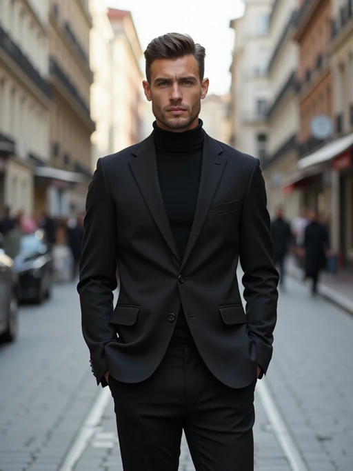 minimalist if(gender=m){masculine} if(gender=f){feminine} model in a sleek monochrome outfit on a city street