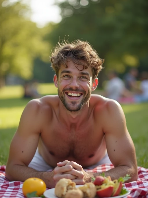 playful if(gender=m){masculine} if(gender=f){feminine} model having a picnic in a sunny park with friends