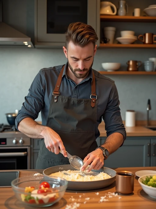 relaxed if(gender=m){masculine} if(gender=f){feminine} model cooking or baking in a modern kitchen with a casual vibe