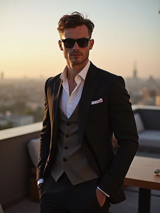 stylish if(gender=m){masculine} if(gender=f){feminine} model dressed up for a classy rooftop bar setting