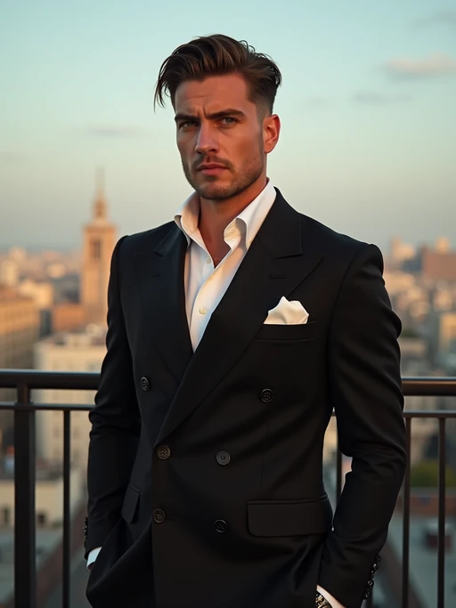 stylish if(gender=m){masculine} if(gender=f){feminine} model dressed up for a classy rooftop bar setting