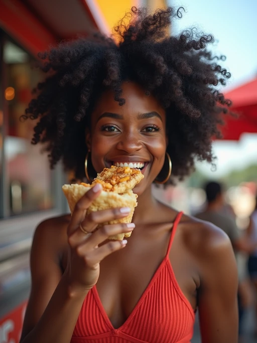 outgoing if(gender=m){masculine} if(gender=f){feminine} model savoring street food at a local food truck event