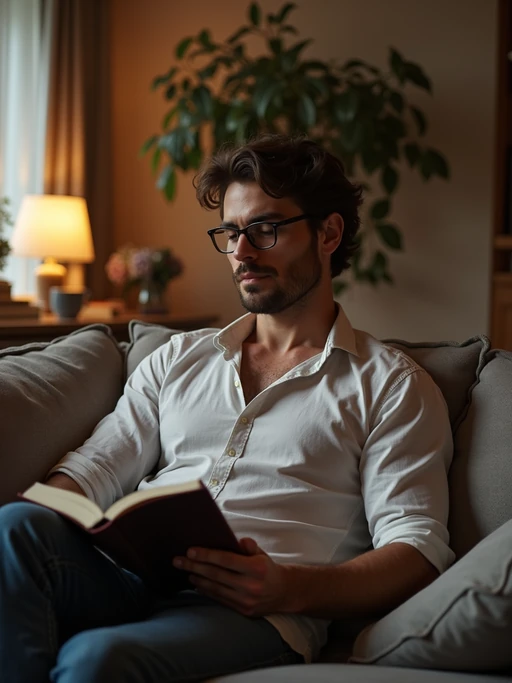 laid-back if(gender=m){masculine} if(gender=f){feminine} model reading a book in a cozy living room