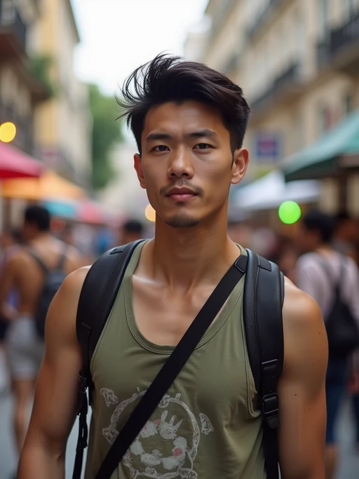 adventurous if(gender=m){masculine} if(gender=f){feminine} model exploring a local street festival or art fair