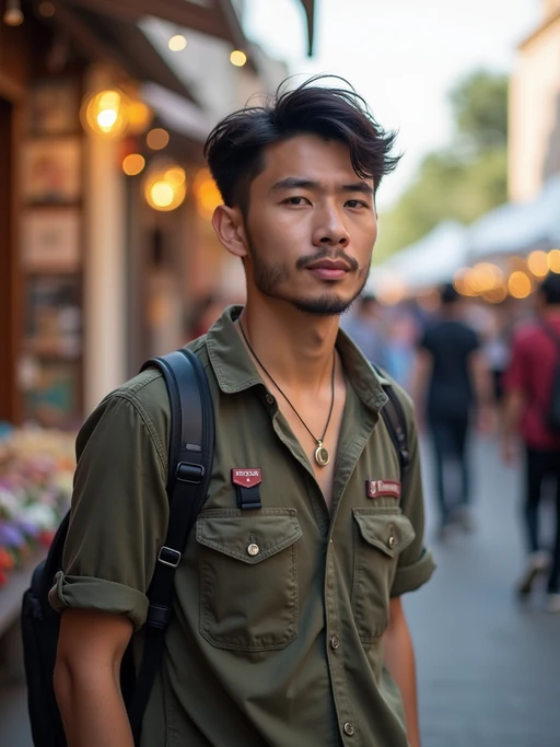 adventurous if(gender=m){masculine} if(gender=f){feminine} model exploring a local street festival or art fair