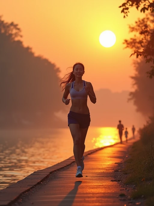 upbeat if(gender=m){masculine} if(gender=f){feminine} model jogging along a riverside path at sunrise