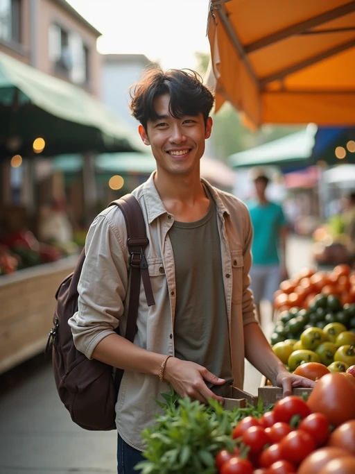 bright-spirited if(gender=m){masculine} if(gender=f){feminine} model exploring a local farmers' market in daylight