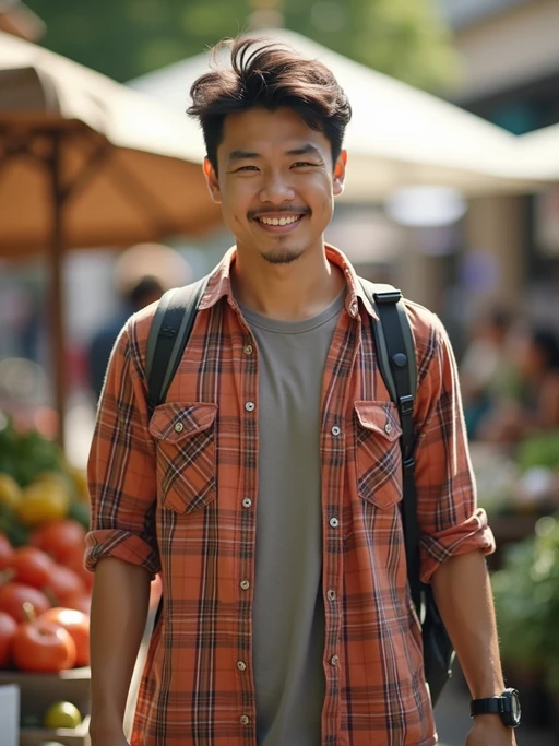 bright-spirited if(gender=m){masculine} if(gender=f){feminine} model exploring a local farmers' market in daylight