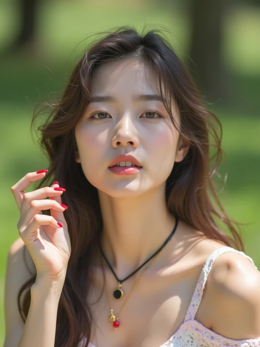 playful if(gender=m){masculine} if(gender=f){feminine} model having a picnic in a sunny park with friends