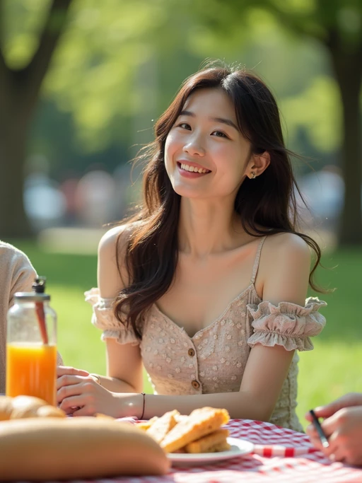 playful if(gender=m){masculine} if(gender=f){feminine} model having a picnic in a sunny park with friends