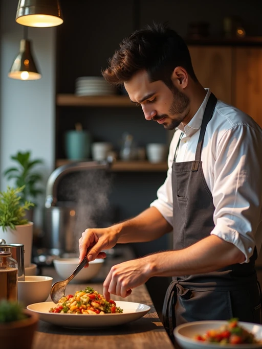 easygoing if(gender=m){masculine} if(gender=f){feminine} model cooking a simple meal in a cozy kitchen setting
