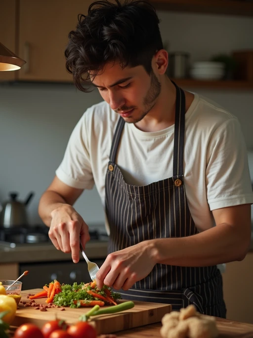 easygoing if(gender=m){masculine} if(gender=f){feminine} model cooking a simple meal in a cozy kitchen setting