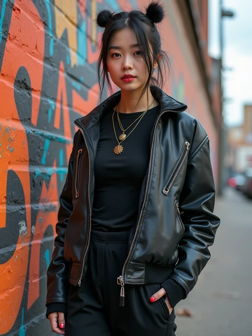 charismatic if(gender=m){masculine} if(gender=f){feminine} model showing off an edgy streetwear look against an urban wall