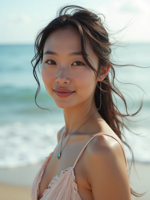 confident if(gender=m){masculine} if(gender=f){feminine} model posing at the beach with the ocean as a backdrop