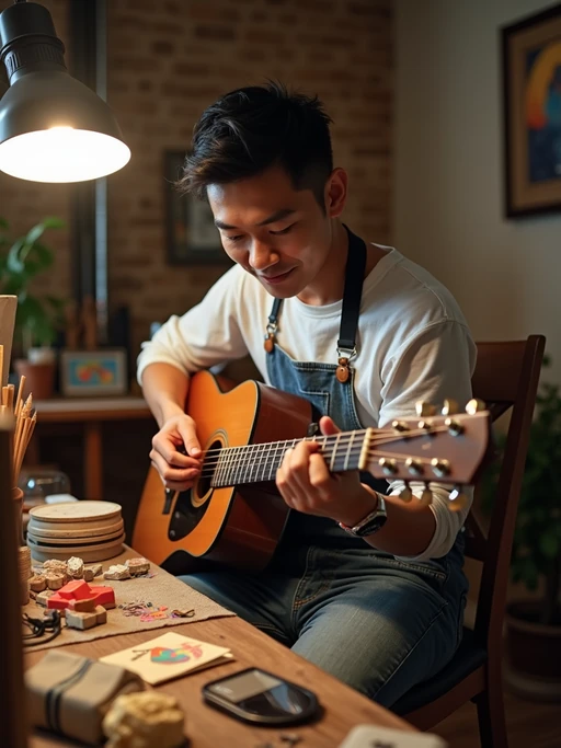 creative if(gender=m){masculine} if(gender=f){feminine} model practicing a personal passion—playing guitar, painting, or crafting