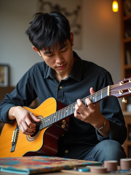 creative if(gender=m){masculine} if(gender=f){feminine} model practicing a personal passion—playing guitar, painting, or crafting