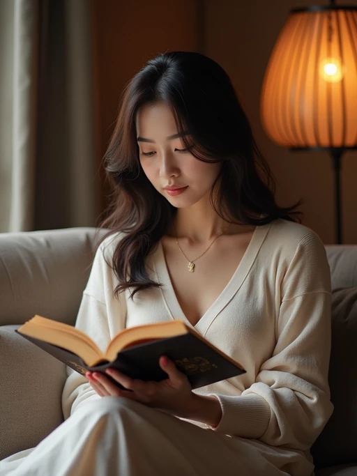 laid-back if(gender=m){masculine} if(gender=f){feminine} model reading a book in a cozy living room