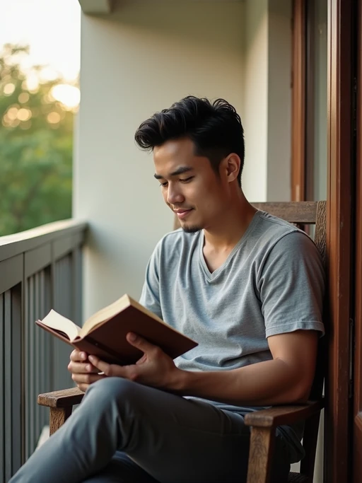 thoughtful if(gender=m){masculine} if(gender=f){feminine} model reading a book on a sunny balcony or porch
