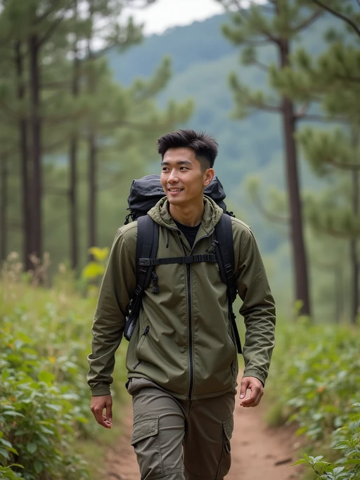 adventurous if(gender=m){masculine} if(gender=f){feminine} model taking a casual hike in a nearby nature trail