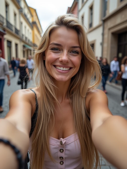 sincere if(gender=m){masculine} if(gender=f){feminine} model snapping a selfie on a casual day out, with a genuine smile
