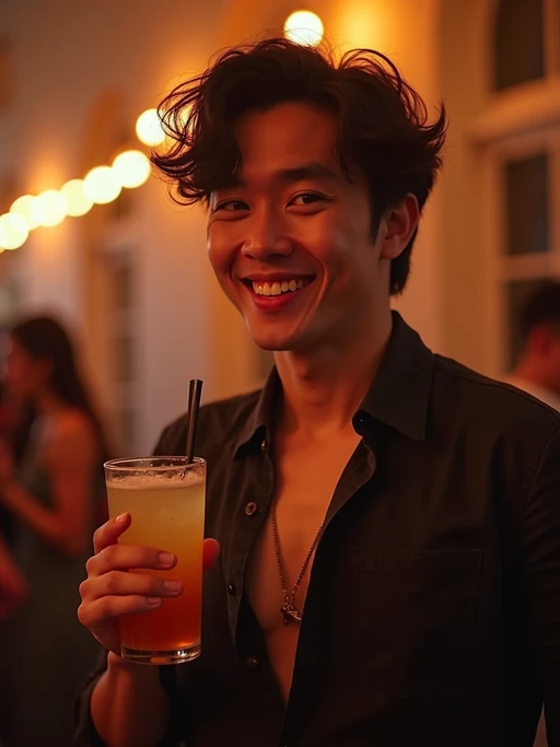 outgoing if(gender=m){masculine} if(gender=f){feminine} model at a lively house party, holding a drink and smiling
