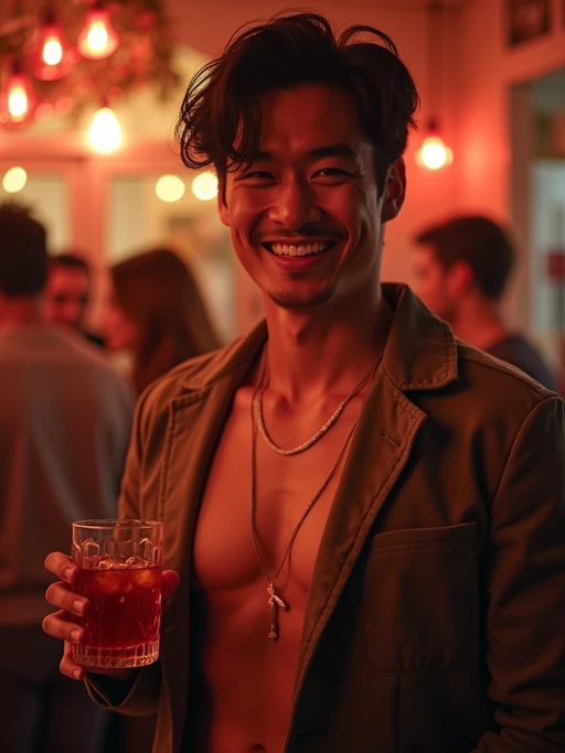 outgoing if(gender=m){masculine} if(gender=f){feminine} model at a lively house party, holding a drink and smiling