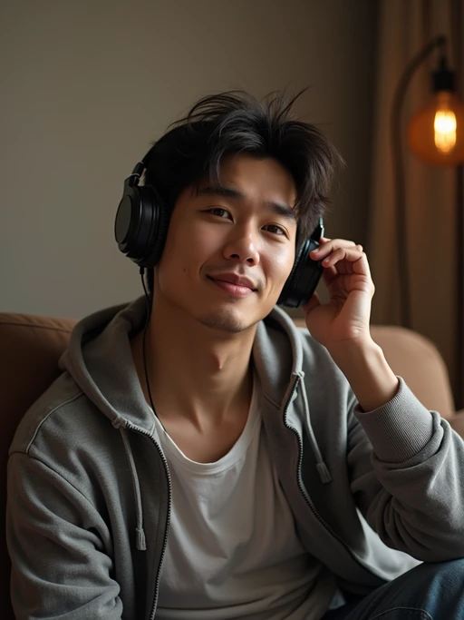 music-enthusiast if(gender=m){masculine} if(gender=f){feminine} model relaxing with headphones, exploring new tunes