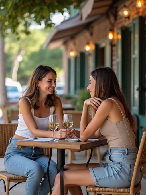 laid-back if(gender=m){masculine} if(gender=f){feminine} model chatting with a friend at a casual outdoor table