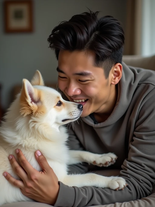 pet-loving if(gender=m){masculine} if(gender=f){feminine} model happily playing with a dog or cat