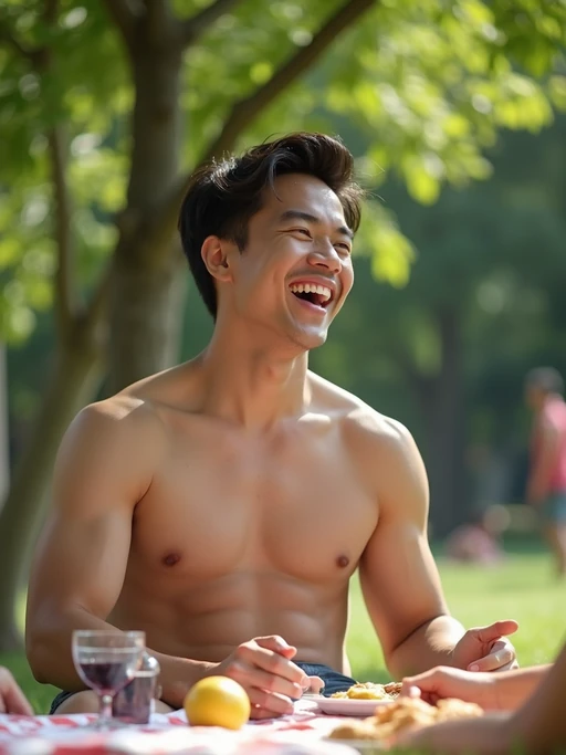 playful if(gender=m){masculine} if(gender=f){feminine} model having a picnic in a sunny park with friends