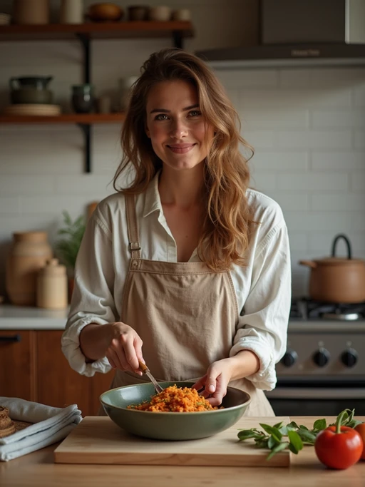 easygoing if(gender=m){masculine} if(gender=f){feminine} model cooking a simple meal in a cozy kitchen setting