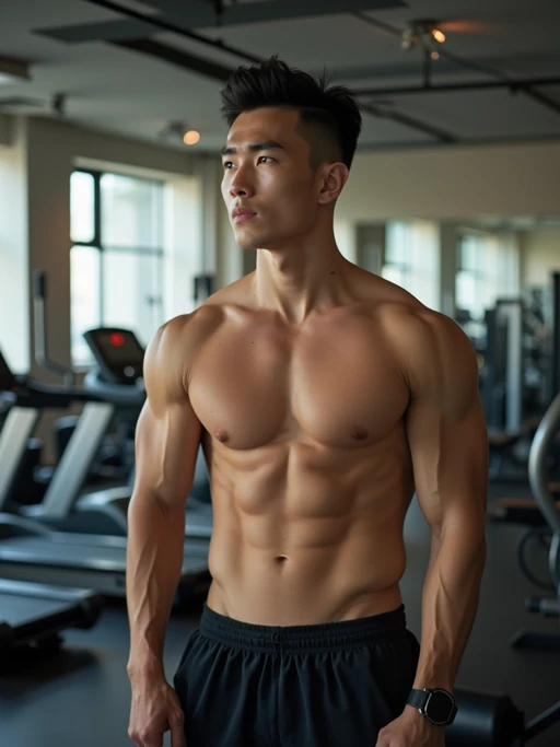 sporty if(gender=m){masculine} if(gender=f){feminine} model in a clean, well-lit gym environment