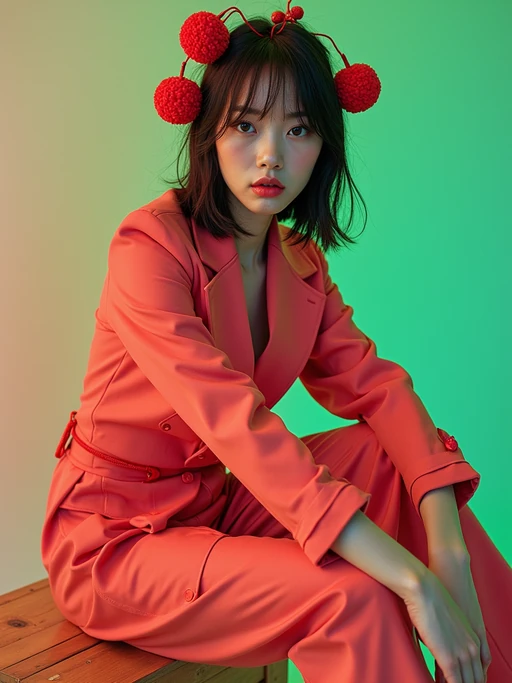 High-fashion E-Girl model editorial shoot. if(gender=f){Dressed in Y2K aesthetic, platform shoes, bold accessories} if(gender=m){Futuristic darkwear, stylish accessories}. AI fashion-forward portrait.