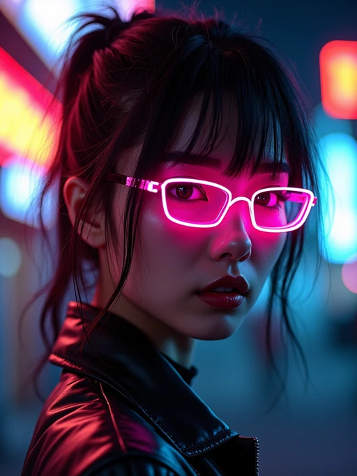 Model as a cyberpunk E-Girl transformation. if(gender=f){Dark lipstick, neon eyeliner, futuristic fashion} if(gender=m){Neon accents, dark hoodie, cyberpunk sunglasses}. Tokyo street-style lighting.