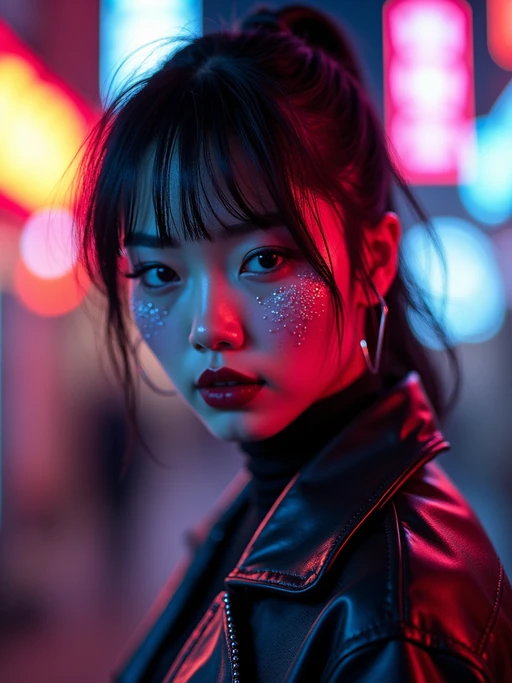 Model as a cyberpunk E-Girl transformation. if(gender=f){Dark lipstick, neon eyeliner, futuristic fashion} if(gender=m){Neon accents, dark hoodie, cyberpunk sunglasses}. Tokyo street-style lighting.