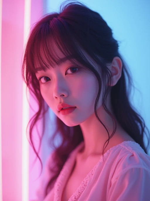 Model as a vaporwave E-Girl aesthetic, dreamy lighting, soft neon glow. if(gender=f){Wearing a pastel aesthetic outfit, subtle anime influence} if(gender=m){Dark techwear, silver chains, urban cyberpunk style}. Soft dreamy effect.