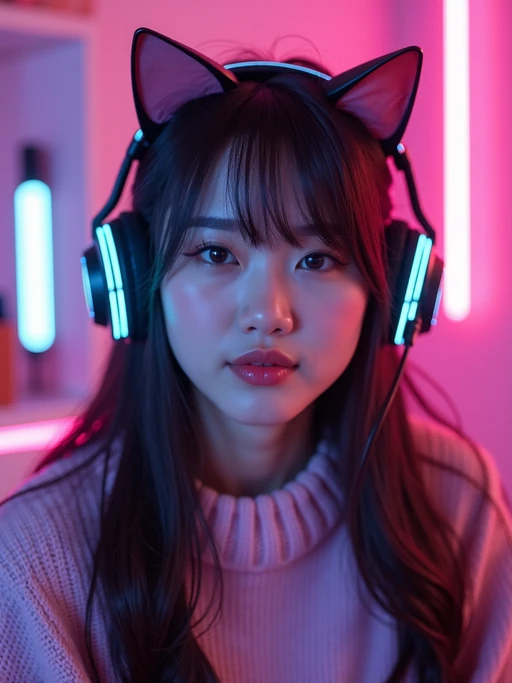 Model as a gaming E-Girl photoshoot. if(gender=f){Cat ear headphones, neon-lit gaming room, pastel sweater} if(gender=m){Cyberpunk gaming setup, RGB lighting, streetwear style}. Streaming setup aesthetic.