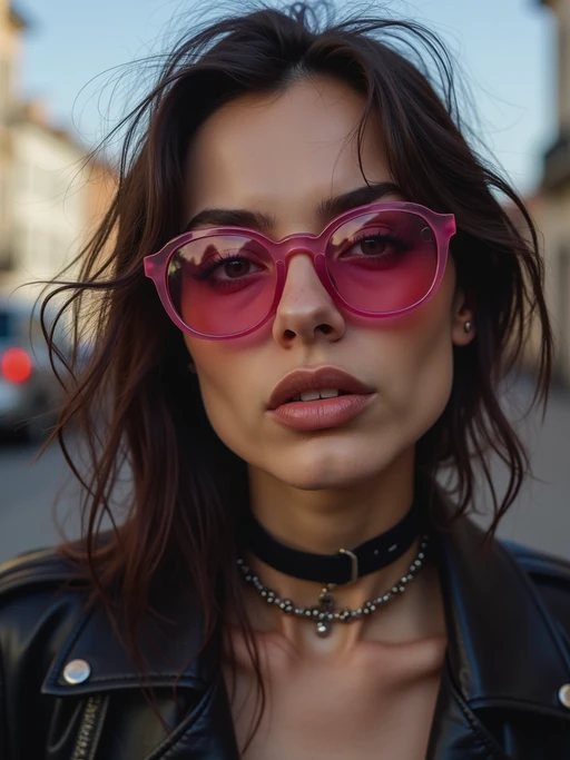 Model with alternative fashion, edgy attitude, street photography vibes. if(gender=f){Pink-tinted glasses, dark choker, expressive pose} if(gender=m){Cyberpunk hoodie, neon reflections, cool attitude}. TikTok and Instagram style.