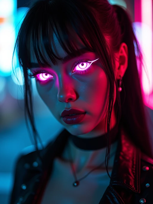 Model as a cyberpunk E-Girl transformation. if(gender=f){Dark lipstick, neon eyeliner, futuristic fashion} if(gender=m){Neon accents, dark hoodie, cyberpunk sunglasses}. Tokyo street-style lighting.