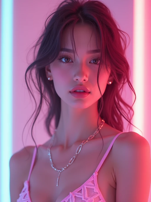 Model as a vaporwave E-Girl aesthetic, dreamy lighting, soft neon glow. if(gender=f){Wearing a pastel aesthetic outfit, subtle anime influence} if(gender=m){Dark techwear, silver chains, urban cyberpunk style}. Soft dreamy effect.