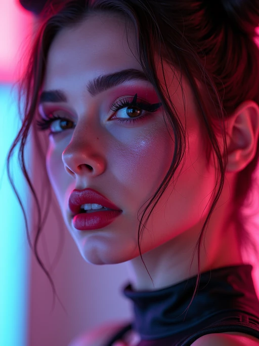 Close-up of model as an E-Girl portrait with soft goth makeup. if(gender=f){Blush-heavy cheeks, glossy lips, dramatic eyeliner, space buns hairstyle} if(gender=m){Dark tousled hair, sharp jawline, cyberpunk accessories}. Neon cyberpunk background.