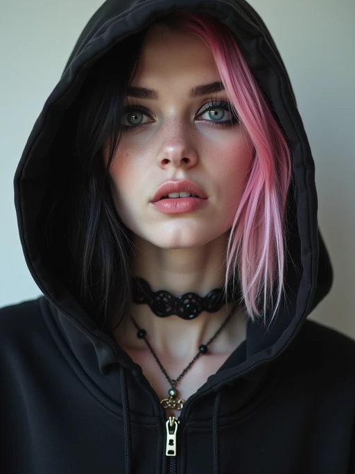 Model as an E-Girl. if(gender=f){Wearing a black oversized hoodie, choker necklace, heavy winged eyeliner, split-dyed pastel pink and black hair} if(gender=m){Wearing a dark hoodie, messy layered hair, silver rings}. Edgy alternative fashion, TikTok aesthetic.