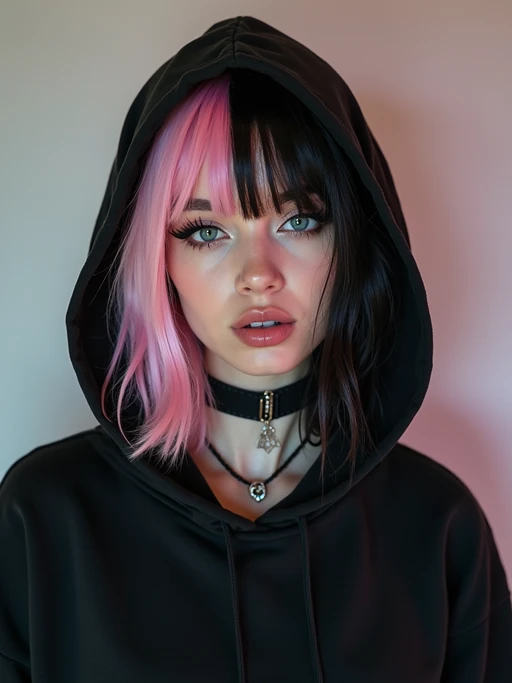 Model as an E-Girl. if(gender=f){Wearing a black oversized hoodie, choker necklace, heavy winged eyeliner, split-dyed pastel pink and black hair} if(gender=m){Wearing a dark hoodie, messy layered hair, silver rings}. Edgy alternative fashion, TikTok aesthetic.