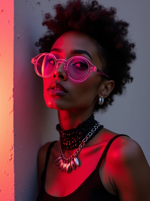 Model with alternative fashion, edgy attitude, street photography vibes. if(gender=f){Pink-tinted glasses, dark choker, expressive pose} if(gender=m){Cyberpunk hoodie, neon reflections, cool attitude}. TikTok and Instagram style.