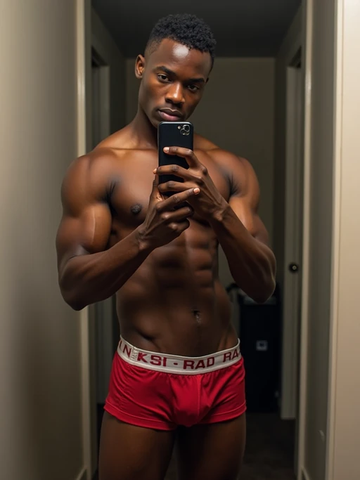 seductive model wearing if(gender=f){lingerie} if(gender=m){boxer shorts}, doing mirror selfie, holding iPhone, full body, their reflection captured in a sultry pose. the photo emphasizes their exaggerated, idealized body shapes.
