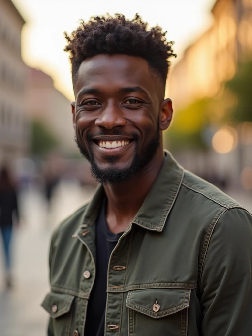 headshot of smiling model wearing casual clothes posing for dating app headshot. outdoor blurry background. the lighting is warm, possibly from a setting sun, creating a soft glow around him, enhancing the casual and relaxed vibe of the image. the setting seems to be outdoors, likely in an urban environment, with the blurred background hinting at a street or park-like area. this image likely portrays a youthful, active, and approachable individual, possibly in a lifestyle or fashion-related context.