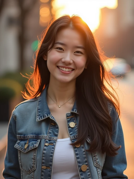 headshot of smiling model wearing casual clothes posing for dating app headshot. outdoor blurry background. the lighting is warm, possibly from a setting sun, creating a soft glow around him, enhancing the casual and relaxed vibe of the image. the setting seems to be outdoors, likely in an urban environment, with the blurred background hinting at a street or park-like area. this image likely portrays a youthful, active, and approachable individual, possibly in a lifestyle or fashion-related context.