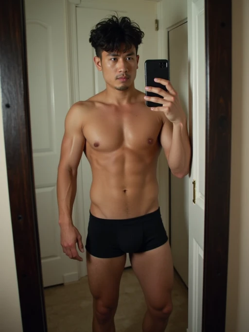 seductive model wearing if(gender=f){lingerie} if(gender=m){boxer shorts}, doing mirror selfie, holding iPhone, full body, their reflection captured in a sultry pose. the photo emphasizes their exaggerated, idealized body shapes.