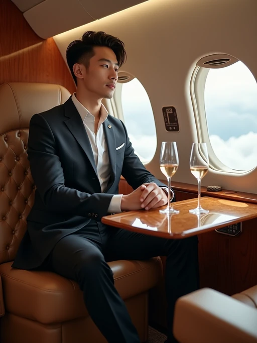 beautiful influencer instagram model wearing elegant clothes sitting in private jet cabin, with leather interior, luxurious. champagne is on the table. outside is clouds because we are flying.